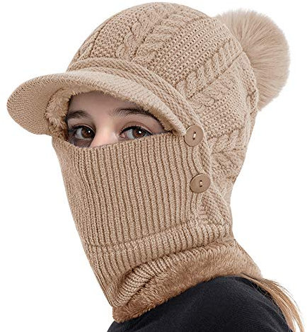 Cagoule Tricoté Femme Balaclava Femme Cagoule Moto Cache Cou Cache Oreille Bonnet Tricoté avec Pompon Bonnet avec Tour de Cou Hiver Cagoule pour Vélo Ski Randonnée Montagne Camping (Kaki(casquette))