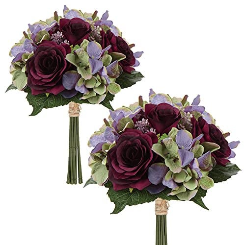 Briful Kunstblume Künstliche Blumenstrauß Kunstpflanze Blumenarrangements 2er Set Hortensie Rosenbouquet Höhe 30cm Dekopflanze für Arrangements Festtags-Tafel o. Hochzeit