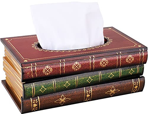 NiHome Vintage Tücherbox Holz - Nachfüllbare Taschentuchbox mit Klappdeckel, Tissue Box für Taschentücher,Retro Design im Buchstil, Kosmetiktücher Box für Zuhause, Büro und Schule(Rote Oberseite)