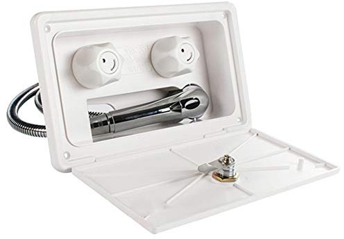 Kit de Caja de Ducha Exterior para Caravana, MoreChoice Caja de Ducha Exterior con Cabezal de Ducha Manguera Grifo Interruptor de Frío Caliente Accesorios para Autocaravana para Barco Caravana,Blanco