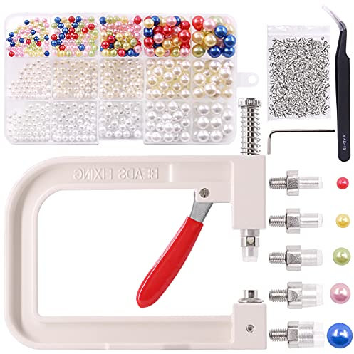 Mardatt Perlen-Setzmaschine und bunte Perlenkit, Handdrücker, Perlenniet-Knöpfe, Set mit 5 Größen, handgefertigt, Perlen-Zubehör für Hüte, Schuhe, Kleidung, Taschen, 1335 Stück