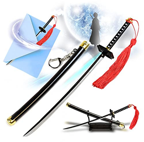 Bleach – Ichigo Tensa Bankai Mondschneider Katana, Schwert Brieföffner mit Scheide und Ständer, Miniatur Bleach Katana, Edelstahl, Anime Geschenk für Fans & Sammler