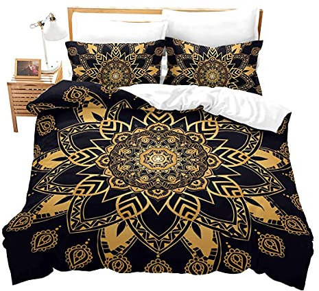 Bohemian Mandala Bettbezug Set 135x200,Schwarz Golden Boho Chic Mandala Bettwäsche Set 3pcs Weiche Mikrofaser Dekorative Gold Mandala Bettdecke mit Reißverschluss,Mandala Blumenbedruckte Bettdecke