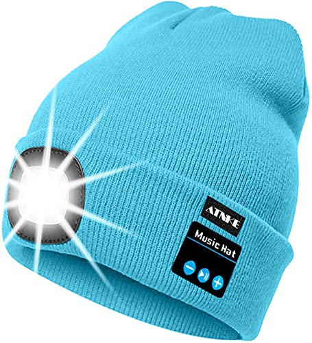ATNKE LED beleuchtete Bluetooth Beanie Kappe, wiederaufladbare USB-Musikalische Laufmütze mit extrem hellem 4 LED Licht wasserdichte Lampe für das Skifahren (Einheitsgröße, Hell Blau)