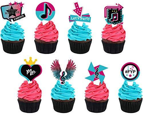 Music Cupcake Toppers 36Pcs for Girl Birthday Party Cake Decorations Popular Music Tik Theme Party Supplies Dessert Cake Toppers