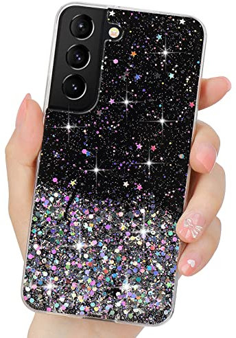 LCHULLE Handyhülle Kompatibel mit Samsung Galaxy S22 5G(6.1 Zoll) Hülle Glitzer Transparent Silikon Case Bumper Glänzend Mädchen Schutzhülle für Samsung S22 5G Schwarz