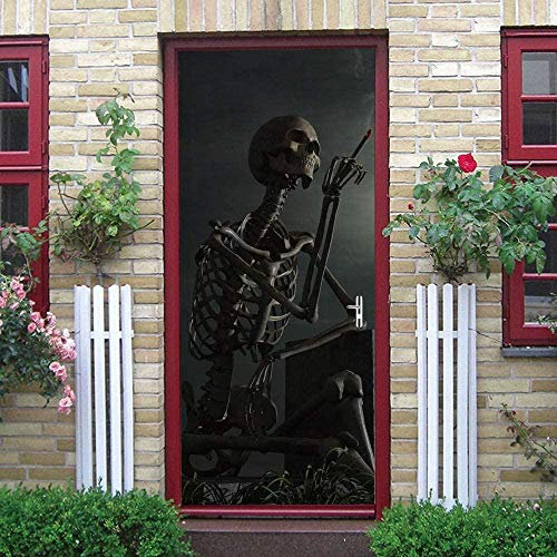 Türtapete Totenkopf Zigarette Schwarz Selbstklebend Türposter 3D Türaufkleber Fototapete 3D Effekt Türfolie Wandtattoo Wandbild 90X200Cm Diy Wohnzimmer Schlafzimmer Büro Wohnkultur Dekoration