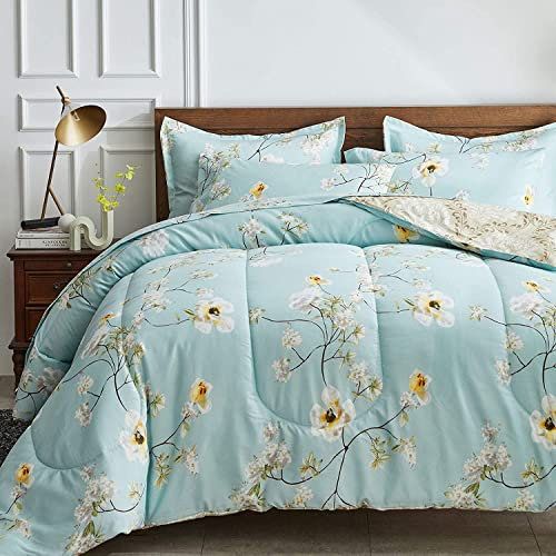 Lanqinglv Wende Bettdecke 220x240 Ganzjahresdecke 4 Jahreszeiten,Weiß Blau Blumenmuster Steppdecke für Allergiker Zudecke Schlafdecke Duvet 220x240cm mit 2 Kissenbezug 80x80cm