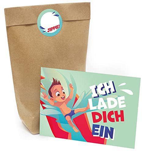 Kindergeburtstag Einladung Set mit je 8 Einladungskarten, Umschlägen, Tüten und Aufkleber - Schwimmbad Schwimmen Wasserrutsche