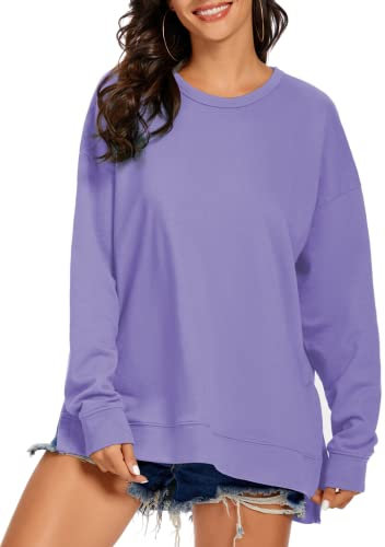 APEIYU Womens Casual Long Sleeve Tops Round Neck Sweatshirt Loose High Low Pullover Tunic Tops with Side Cutouts Purple M