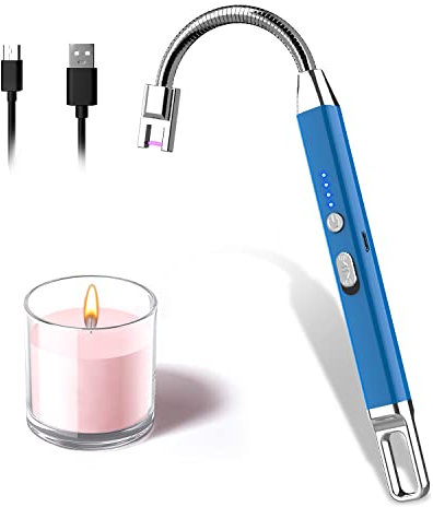 Accendino Elettrico USB, Rouclo Accendigas USB Ricaricabile con Indicatore della Batteria, Accendino Arco Elettrico 360º Flessibile Accendino Lungo per Accendere Candele,Stufe, Barbecue (Blu)