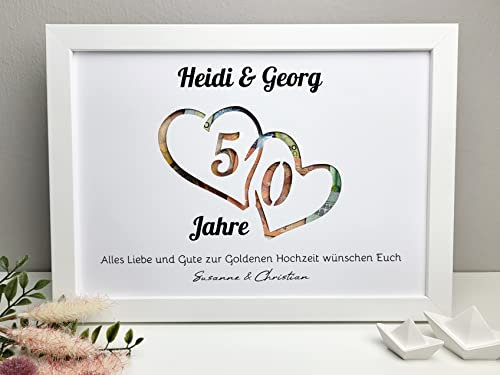 personalisiertes Geldgeschenk zur Goldenen Hochzeit - Motiv 50 Jahre Herzen (mit Bilderrahmen - weiß)