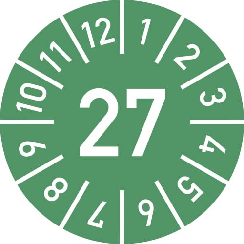 Dreifke® Prüfplakette Jahr 27 mit Monaten, grün, Folie-Spezialkl., Ø 10 mm, 10 St./Bo.