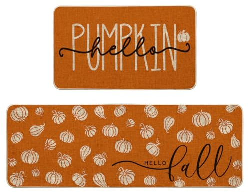 Artoid Mode Orange Hello Pumpkin Fall Kitchen Mats Set of 2 - 17x29+17x47