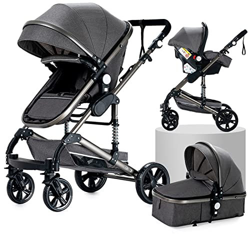 MoLi Kinderwagen 3 in 1, Kinderwagen Set Umkehrbarem Doppelschiebemodus, Kombikinderwagen 3 in 1 Großer Bequemer Babywanne, Buggy Rahmen Aluminiumlegierung Faltbar Hohe Landschaft (739 Grey)
