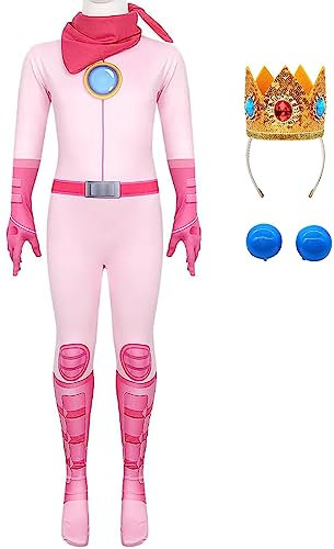 IWFREE Peach Kostüm Jumpsuit mit Krone Mädchen Princess Pfirsich Bodysuit Overalls und Halstuch Ohrringe Anzug 4 Stück für Kinder Verkleidung Geburtstag Halloween Karneval Party Fasching Outfit Rosa