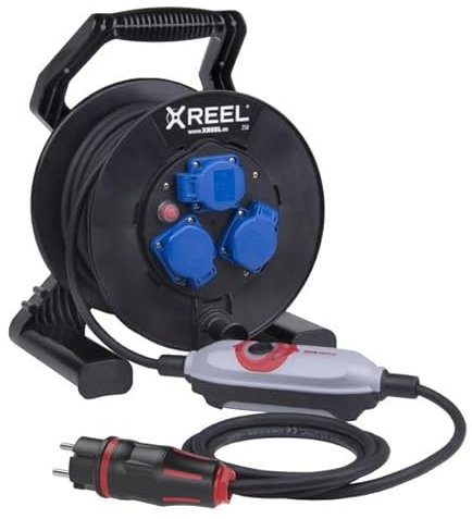 Sicherheits-Kabeltrommel XREEL 230V/16A K2 IP54 Gummi H07RN-F 3x1,5mm² schwarz mit PRCD-S+ 25m