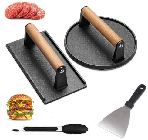 Wmmner Barbecue Burger-Set 4-TLG,Burgerpresse Gusseisen Set mit 2 Hamburgerpresse,1Hamburger-Wender,1Küchenzange,Burger Presse für Steak, Bacon, Schnitzel |Bacon Presse