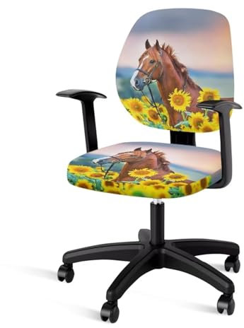 Xoenoiee Pferd und Sonnenblume Muster Büro Schreibtisch Stuhl Abdeckungen Polyester Sitzbezüge Dehnbar Schützende Computer Stuhl Abdeckungen 2 Stück Set mit Rückenlehne Abdeckung