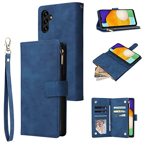 QLTYPRI Hülle für Samsung Galaxy A55 5G, Premium Leder Handyhülle mit Große Kapazität 6 Kartenfach & 1 Reißverschluss Tasche Ständer Schutzhülle für Samsung Galaxy A55 5G - Blau