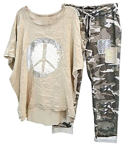 EMATOP 2-Teiliges Leinenanzug Damen Sommer Tshirt Top und Weite Beine Hose Freizeitanzug Casual Baumwolle Hosenanzug Zweiteiler Vintage Sportanzug Tarnung Motive Yoga Outfits Teenager Mädchen