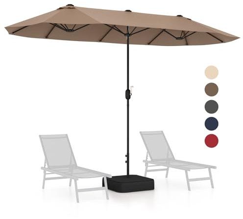 GOPLUS Doppelsonnenschirm 400 x 200 cm, Sonnenschirm mit Ständer und LED Solar, UV 50+, Balkonschirm groß für 6-8 Personen, Gartenshirm mit Kurbel & 12 Rippen, Marktschirm Tischschirm