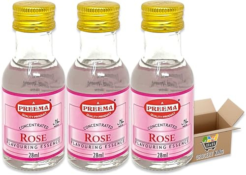 Flavouring Essence For 28ml | Pack Of 3 - Pack Of 6 - Pack Of 12 | For Cakes, Cookies, Boiled Sweets, Creams Grocery King (Rose Essence 28ml - Pack Of 3)