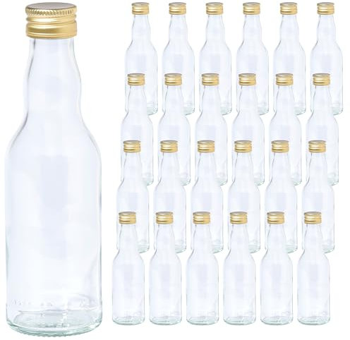 Vitrea 24 leere Glasflaschen 200ml Schraubverschluss Gold - kleine Flaschen zum Befüllen mit Deckel - für Saft, Getränke, Likör, Öl, Saucen, Sirup - 24 Stück, PP28, Kropfhals