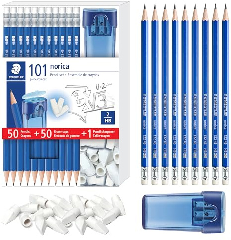 STAEDTLER Norica Pencil Set With Eraser Caps and Sharpener, 101ct | Vorgespitzte, #2 HB-Bleistifte, Doppellochspitzer, bruchfeste Mine, Schulpackung