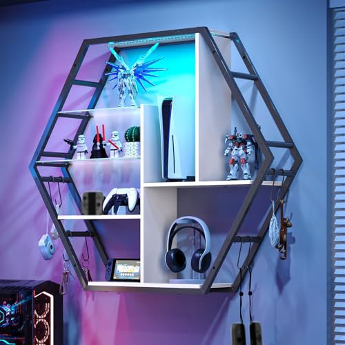 cointwo Floating Shelves With Lights, Led Shelves For Wall, Gaming Room Decor Display Shelf, Lighted Bar Shelves, Extra Hanging Hooks Storage, Sturdy Fast Assembly Great Weight Capacity-White