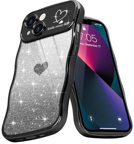 Teageo Cute Heart Pattern Curly Phone Case for iPhone 13, Wave Frame Glitter Case for Girls Women Aesthetic Bling Cover Shockproof Soft TPU Bumper for iPhone 13, Black