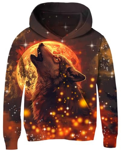 Loveternal Kinder Teenager Mädchen Jungen Hoodies 3D-Druck Gelb Wolf Grafik Sweatshirt Tasche Pullover Hoodie für 10-13 Jahre, XXL