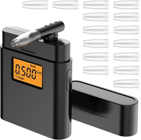 Alkoholtester Polizeigenau, Professioneller Alkoholmessgerät mit 15 Mundstücken, Tragbarer Alkoholtester mit Digitalem Farbigem LCD-Anzeige, Halbleiter Sensor Atemalkoholtester für Hause und Partys