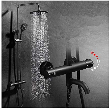 8 Zoll schwarzes Thermostat-Duschsystem, wandmontiertes Duschhahn-Set, multifunktionales Dusch-Kombi-Set mit rundem Duschkopf, 3-Strahl-Handbrause, Badewannenauslauf