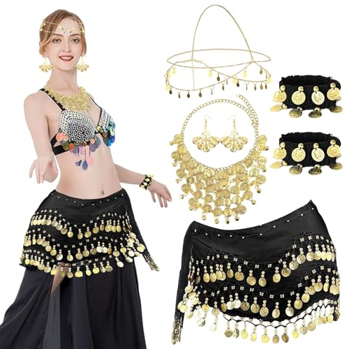 Bauchtanz Accessoires Damen, 7 Stück Bauchtanz Kostüm Set, Bauchtanz Hüfttuch mit Goldmünzen Ohrringe, Halskette, Armbänder und Kopfschmuck, Damen Bauchtanz Gürtel, Karneval Kostüm Accessoires