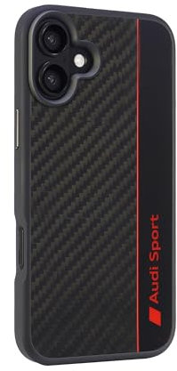 Audi Sport Handyhülle - Kompatibel mit iPhone 16 Plus - Stoßabsorbierende Hülle mit Carbon - mit präzisen Aussparungen für Kamera, Anschlüssen & Tasten - Schwarz mit roten Details