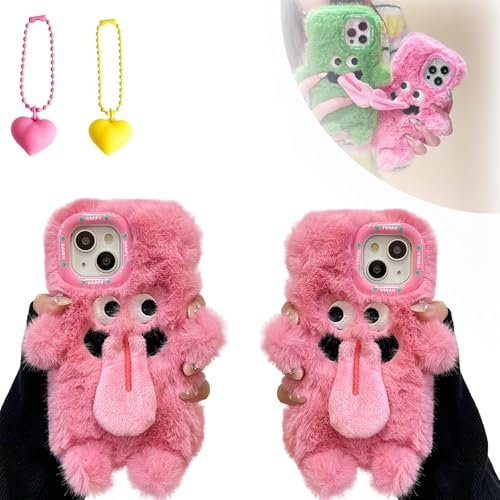 Snrtevu Funny Tongue Sticking Out Plush Mobile Phone Case for iPhone, Fluffy Plush Case, Plüsch Hülle, Fluffy Furry Soft Warm Gradient Protective Cover (for iphone14,2PCS1)