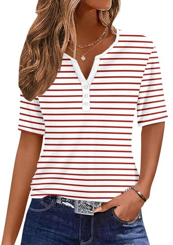 WNEEDU Women Summer T Shirts V Neck Button Ladies Tops Short Sleeve Blouses Tunic Tops Casual Henley Shirts White Red Stripes XL