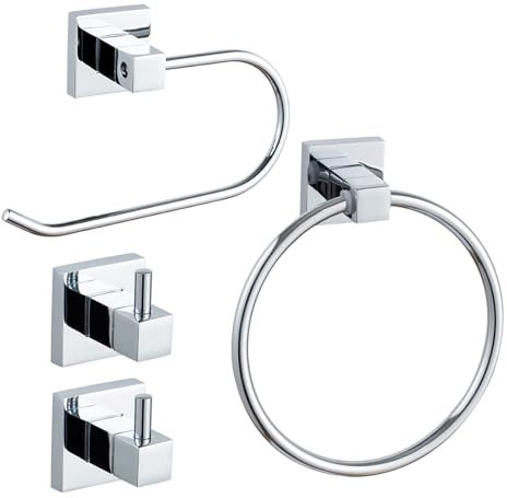 Towel Holders for Bathrooms Chrome Wall-Mounted - 4 Set Chrome Towel Holder, Toilet Roll Holder, 2x Towel Hook 15-0402