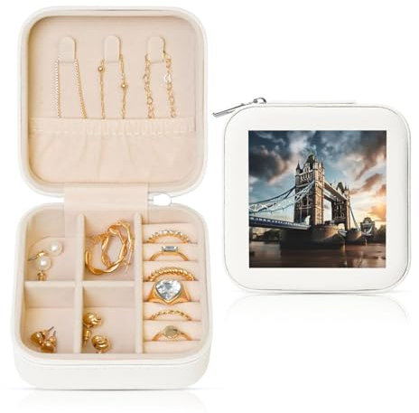 XTYGETY Historische Old Tower Bridge London Print PVC-Leder Samt gefüttert Aufbewahrungsbox für Frauen für Halsketten, Ohrringe, Armbänder
