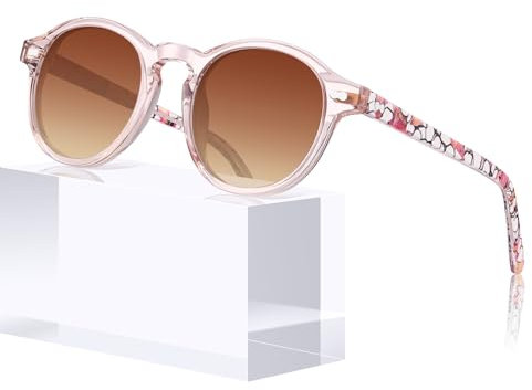 CARFIA Gafas de sol para mujer polarizadas 100% protección UV400 marco redondo retro carey antideslumbramiento gafas CA5266, C08 Transparente Rosa Frame Marrón Gradiente Lentes, medium