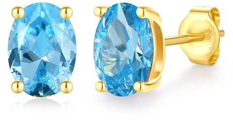 FANCIME Solide 14 Karat 585 Gelb Gold Oval Ohrringe Ohrstecker mit Echt Natürlich/Synthetische Edelstein Geschenk Schmuck für Damen Mädchen Mama, Größe: 5 * 7 mm