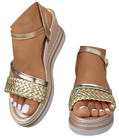 Xbemkste Sandali da donna con plateau con zeppa, eleganti sandali con zeppa, fibbia regolabile, da donna con tacco, scarpe estive con zeppa aperta, sandali da spiaggia, gold, 38.5 EU