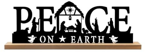 Uqezagpa Weihnachtskrippe aus schwarzem Metall mit Holzsockel für den Innenbereich und Regal