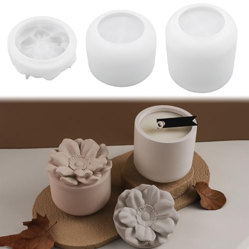 3 Stück Silikonformen Gießformen, Rund Silikonform Dose mit Blumen Deckel Kerzenhalter Gießformen Silikon Vase Silikonform Schale Kerzenglas Giessformen Silikon Gießform Kerzenhalter (A)