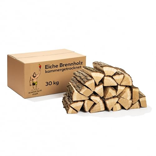 Neandertaler Feuer Brennholz Eichenholz Kaminholz - Grillholz 25 cm 30 kg | Hartholz Eichen Feuerholz | Holz für Grill Kamin Smoker Ofen | Firewood