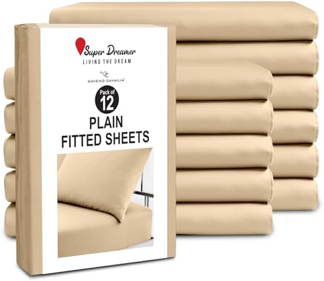 GC GAVENO CAVAILIA King Size Fitted Sheets (152x203cm) - Pack of 12 - Microfiber Plain Dyed Bedding - 25cm Deep Pocket - Soft, Breathable, Wrinkle & Shrink Resistant - Mattress & Bottom Sheet - Beige