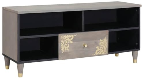 vidaXL TV Cabinet Grey and Gold 100 x 33.5 x 46 cm Solid Mango wood, Modern Living Room Storage, Rectangular Cabinet, Elegant Media Unit, Functional Furniture, Contemporary Entertainment Center