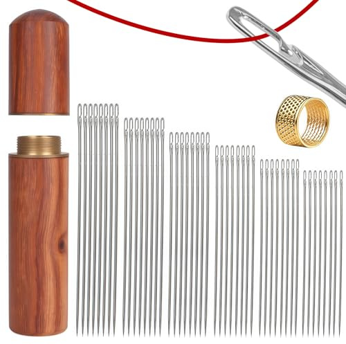 49 Pcs Sewing Needles Large Eye Embroidery Needles Set, 6 Sizes Needle for Sewing Sharp Point Hand Sewing-Needle with Thimble, Easy Threading (Silver)