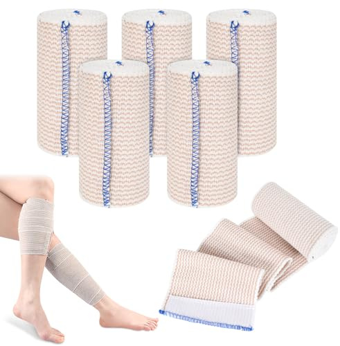 Lot de 5 Bandage Compression Élastique 10 cm x 4.5 m Bandage Cohésif de Compression, Bande de Contention Réutilisable Lavable, Bandages de Sport pour Support de Cheville Jambe Coffre Blessures